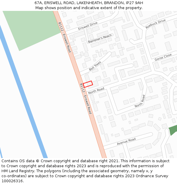 67A, ERISWELL ROAD, LAKENHEATH, BRANDON, IP27 9AH: Location map and indicative extent of plot