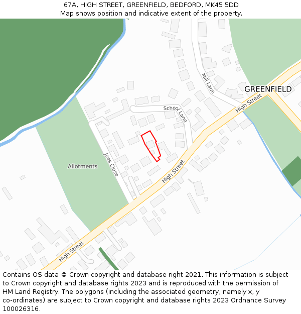67A, HIGH STREET, GREENFIELD, BEDFORD, MK45 5DD: Location map and indicative extent of plot