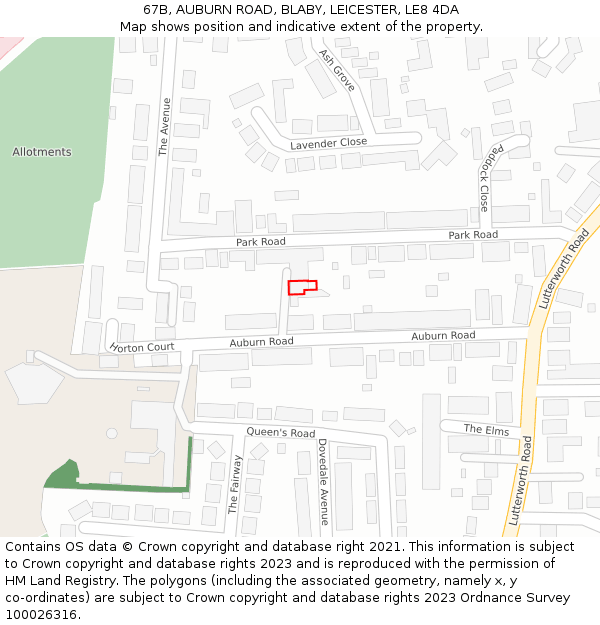 67B, AUBURN ROAD, BLABY, LEICESTER, LE8 4DA: Location map and indicative extent of plot