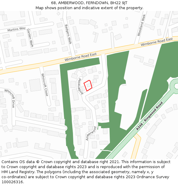 68, AMBERWOOD, FERNDOWN, BH22 9JT: Location map and indicative extent of plot