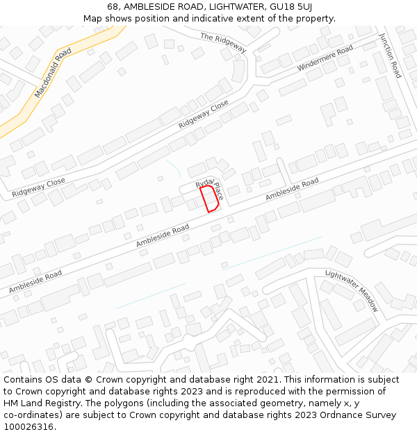 68, AMBLESIDE ROAD, LIGHTWATER, GU18 5UJ: Location map and indicative extent of plot