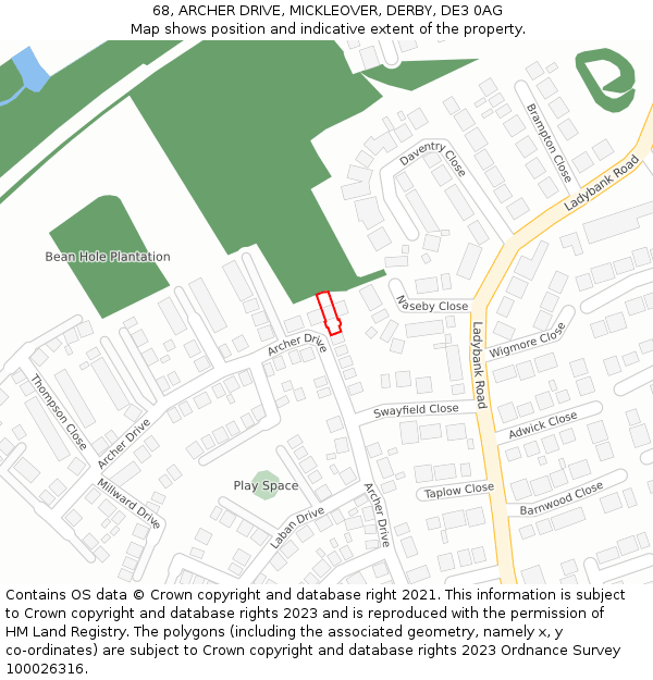 68, ARCHER DRIVE, MICKLEOVER, DERBY, DE3 0AG: Location map and indicative extent of plot