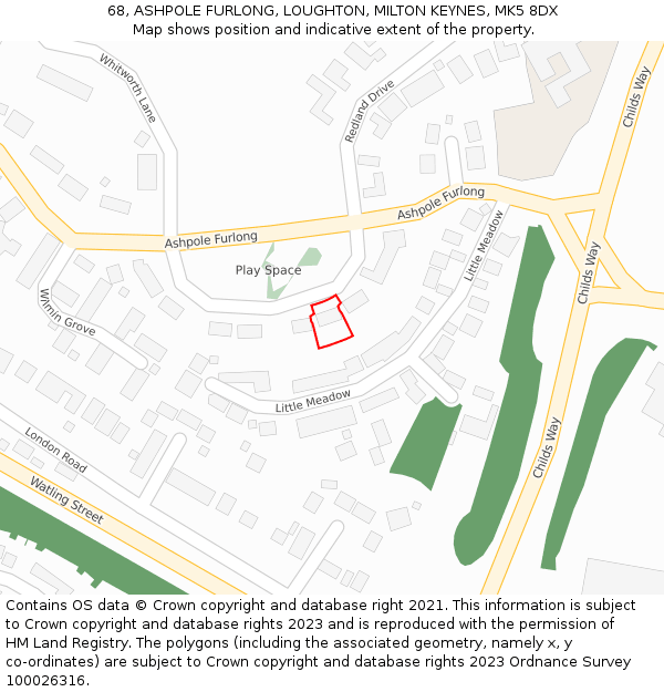 68, ASHPOLE FURLONG, LOUGHTON, MILTON KEYNES, MK5 8DX: Location map and indicative extent of plot