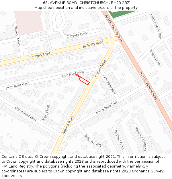 68, AVENUE ROAD, CHRISTCHURCH, BH23 2BZ: Location map and indicative extent of plot