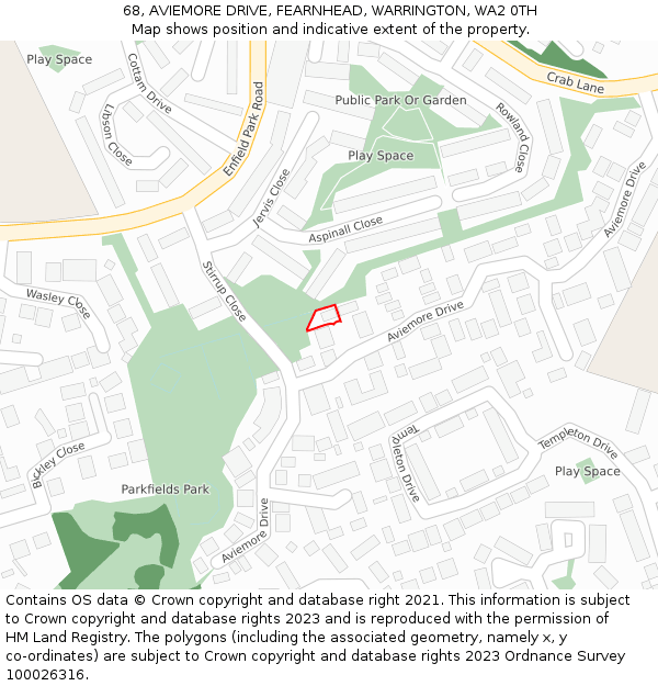 68, AVIEMORE DRIVE, FEARNHEAD, WARRINGTON, WA2 0TH: Location map and indicative extent of plot