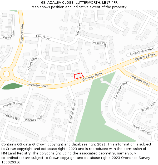 68, AZALEA CLOSE, LUTTERWORTH, LE17 4FR: Location map and indicative extent of plot
