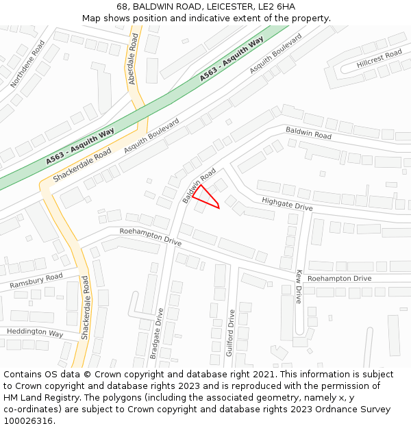 68, BALDWIN ROAD, LEICESTER, LE2 6HA: Location map and indicative extent of plot