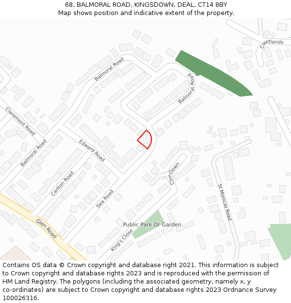 68, BALMORAL ROAD, KINGSDOWN, DEAL, CT14 8BY: Location map and indicative extent of plot