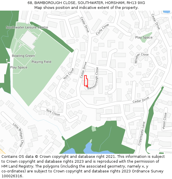 68, BAMBOROUGH CLOSE, SOUTHWATER, HORSHAM, RH13 9XG: Location map and indicative extent of plot