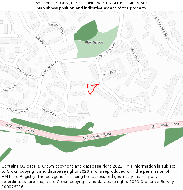68, BARLEYCORN, LEYBOURNE, WEST MALLING, ME19 5PS: Location map and indicative extent of plot