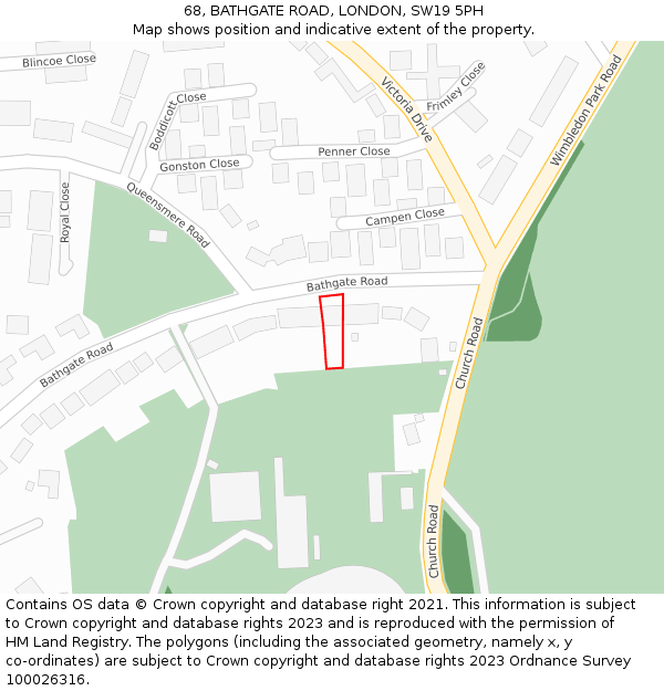 68, BATHGATE ROAD, LONDON, SW19 5PH: Location map and indicative extent of plot