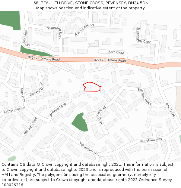 68, BEAULIEU DRIVE, STONE CROSS, PEVENSEY, BN24 5DN: Location map and indicative extent of plot