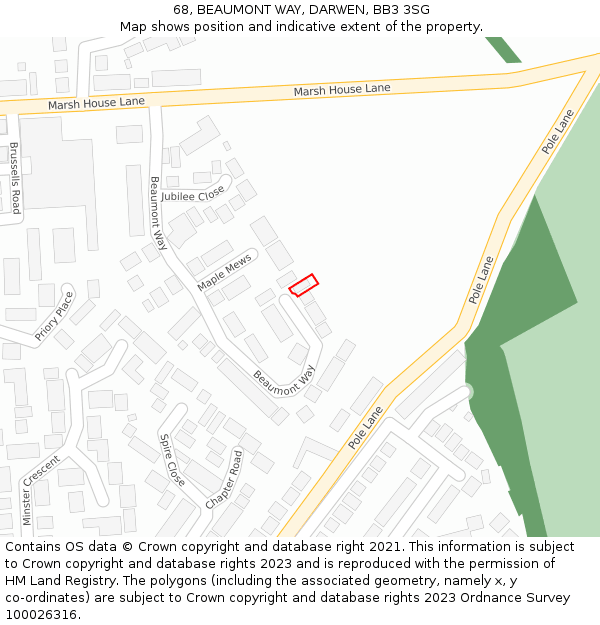 68, BEAUMONT WAY, DARWEN, BB3 3SG: Location map and indicative extent of plot