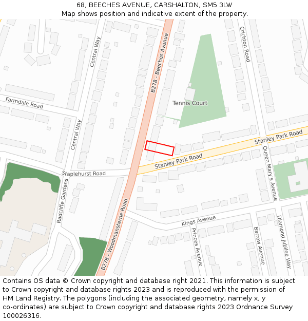 68, BEECHES AVENUE, CARSHALTON, SM5 3LW: Location map and indicative extent of plot