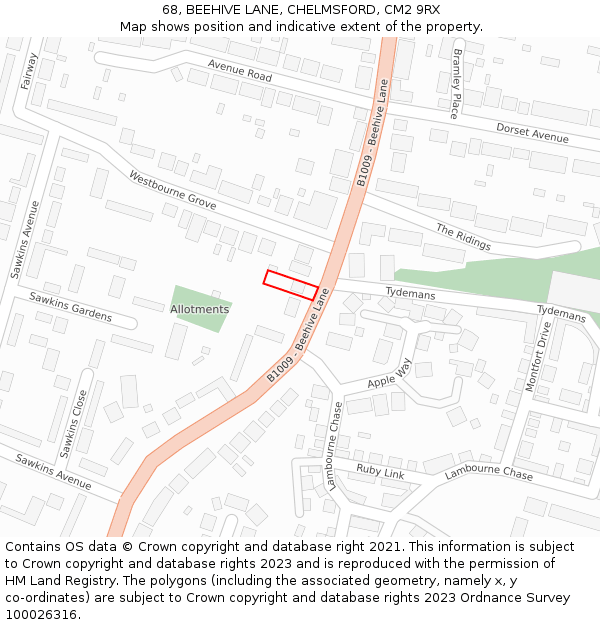 68, BEEHIVE LANE, CHELMSFORD, CM2 9RX: Location map and indicative extent of plot