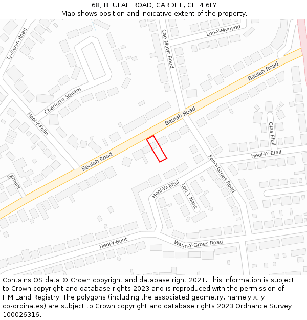 68, BEULAH ROAD, CARDIFF, CF14 6LY: Location map and indicative extent of plot