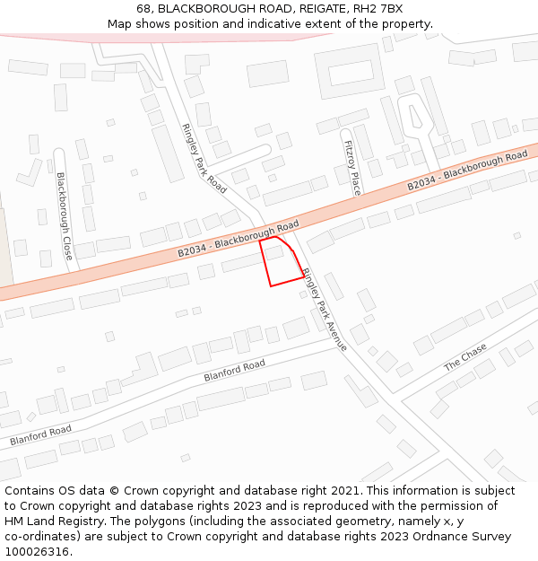 68, BLACKBOROUGH ROAD, REIGATE, RH2 7BX: Location map and indicative extent of plot