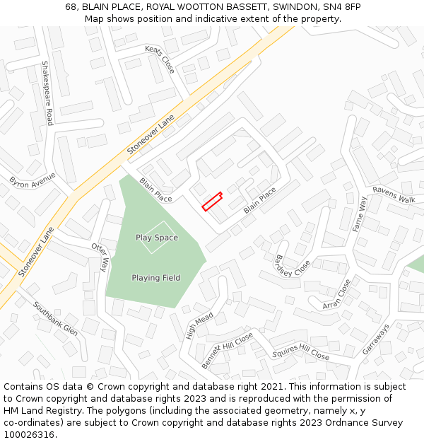 68, BLAIN PLACE, ROYAL WOOTTON BASSETT, SWINDON, SN4 8FP: Location map and indicative extent of plot