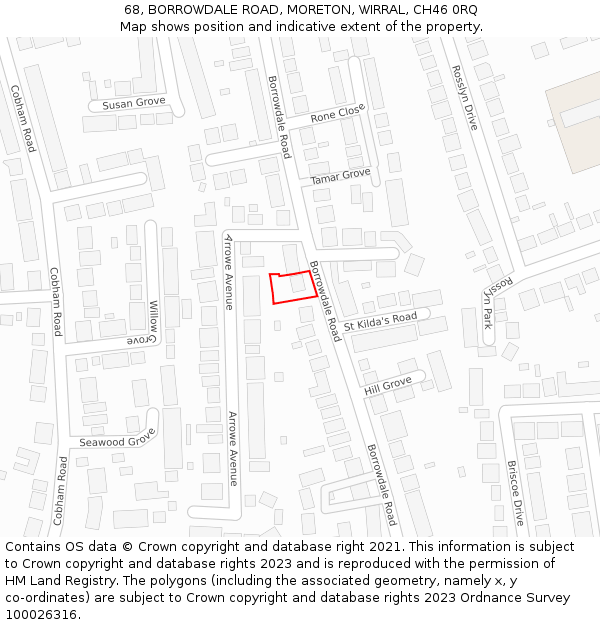 68, BORROWDALE ROAD, MORETON, WIRRAL, CH46 0RQ: Location map and indicative extent of plot