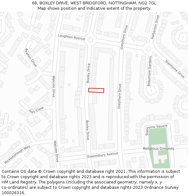 68, BOXLEY DRIVE, WEST BRIDGFORD, NOTTINGHAM, NG2 7GL: Location map and indicative extent of plot