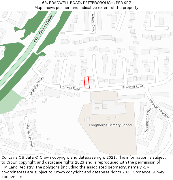 68, BRADWELL ROAD, PETERBOROUGH, PE3 9PZ: Location map and indicative extent of plot