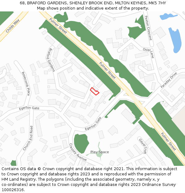 68, BRAFORD GARDENS, SHENLEY BROOK END, MILTON KEYNES, MK5 7HY: Location map and indicative extent of plot