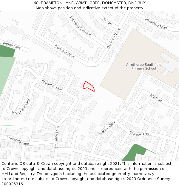 68, BRAMPTON LANE, ARMTHORPE, DONCASTER, DN3 3HX: Location map and indicative extent of plot