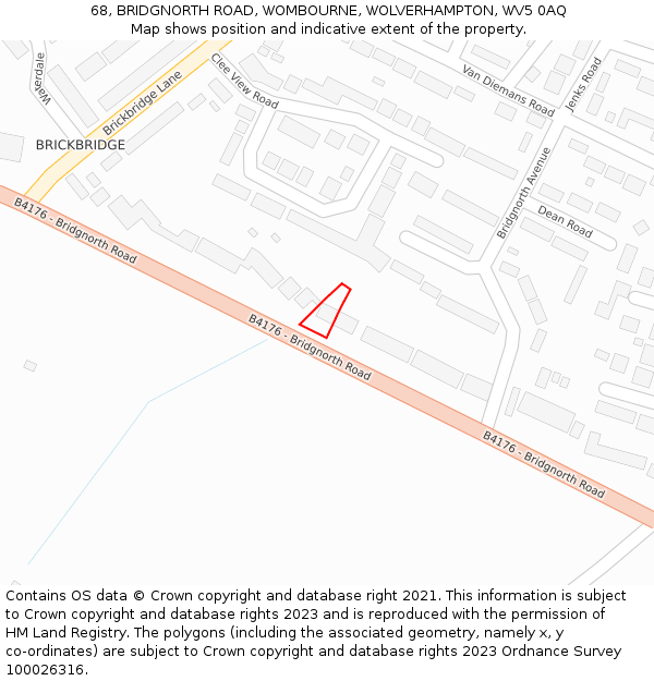 68, BRIDGNORTH ROAD, WOMBOURNE, WOLVERHAMPTON, WV5 0AQ: Location map and indicative extent of plot