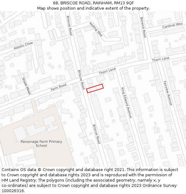 68, BRISCOE ROAD, RAINHAM, RM13 9QF: Location map and indicative extent of plot