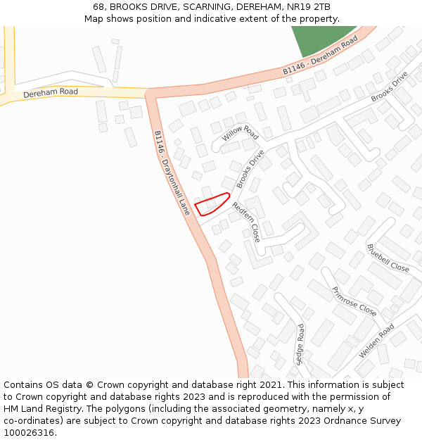 68, BROOKS DRIVE, SCARNING, DEREHAM, NR19 2TB: Location map and indicative extent of plot
