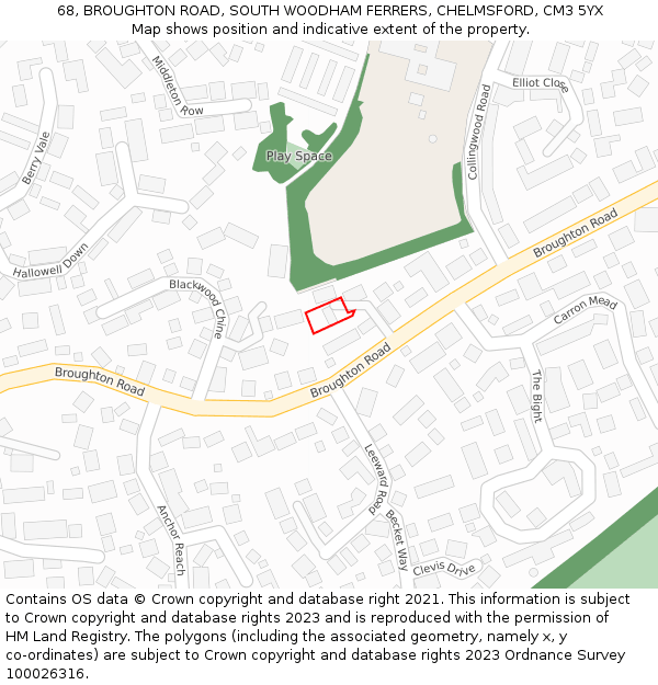 68, BROUGHTON ROAD, SOUTH WOODHAM FERRERS, CHELMSFORD, CM3 5YX: Location map and indicative extent of plot