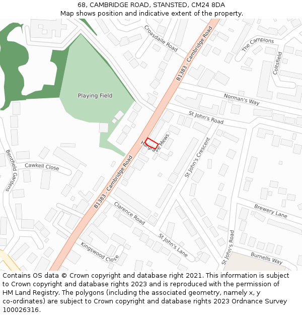 68, CAMBRIDGE ROAD, STANSTED, CM24 8DA: Location map and indicative extent of plot