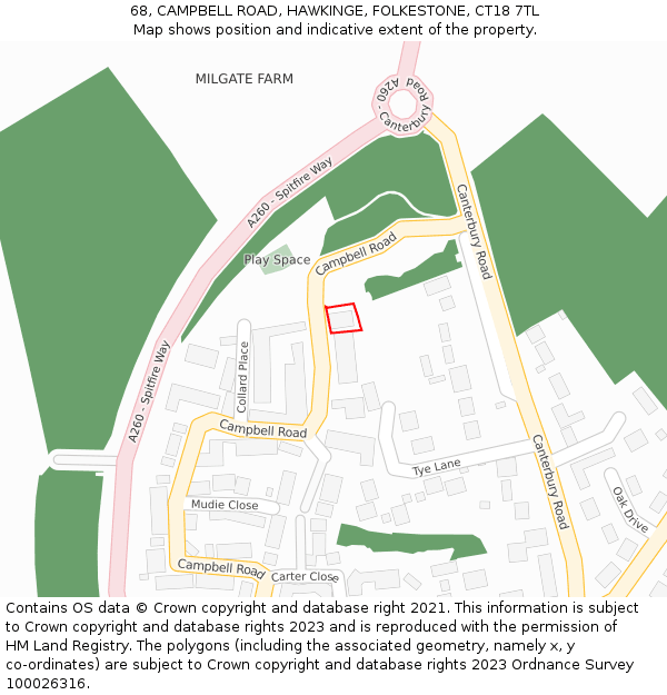 68, CAMPBELL ROAD, HAWKINGE, FOLKESTONE, CT18 7TL: Location map and indicative extent of plot