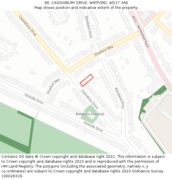 68, CASSIOBURY DRIVE, WATFORD, WD17 3AE: Location map and indicative extent of plot