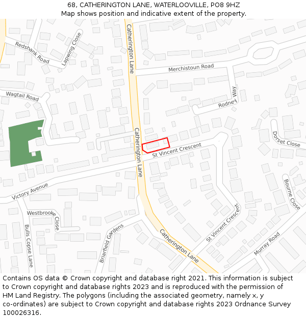 68, CATHERINGTON LANE, WATERLOOVILLE, PO8 9HZ: Location map and indicative extent of plot