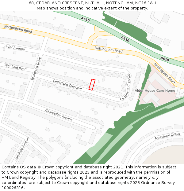 68, CEDARLAND CRESCENT, NUTHALL, NOTTINGHAM, NG16 1AH: Location map and indicative extent of plot