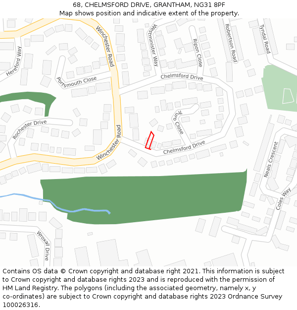 68, CHELMSFORD DRIVE, GRANTHAM, NG31 8PF: Location map and indicative extent of plot