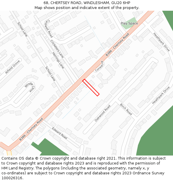 68, CHERTSEY ROAD, WINDLESHAM, GU20 6HP: Location map and indicative extent of plot