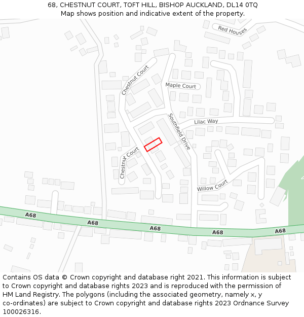 68, CHESTNUT COURT, TOFT HILL, BISHOP AUCKLAND, DL14 0TQ: Location map and indicative extent of plot