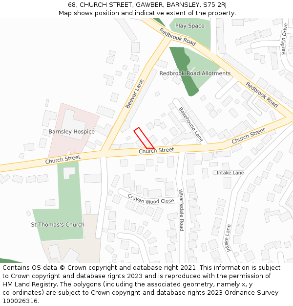 68, CHURCH STREET, GAWBER, BARNSLEY, S75 2RJ: Location map and indicative extent of plot