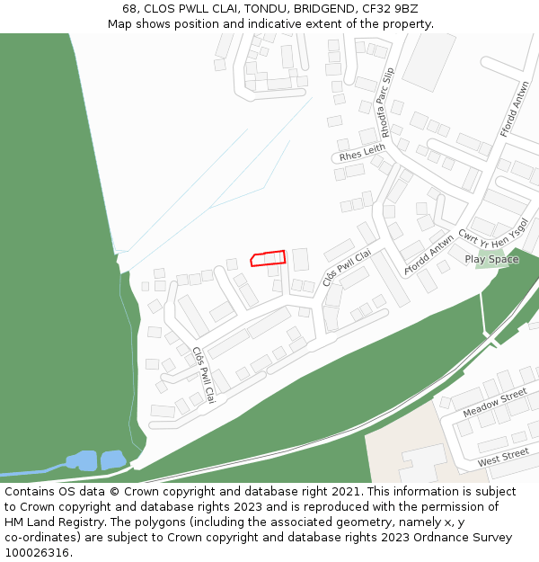 68, CLOS PWLL CLAI, TONDU, BRIDGEND, CF32 9BZ: Location map and indicative extent of plot