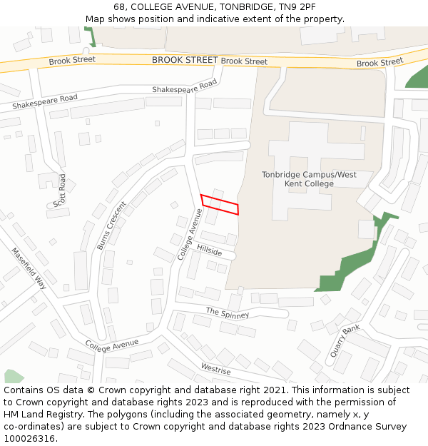 68, COLLEGE AVENUE, TONBRIDGE, TN9 2PF: Location map and indicative extent of plot