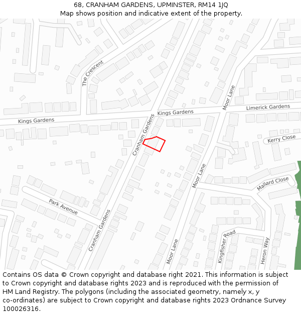 68, CRANHAM GARDENS, UPMINSTER, RM14 1JQ: Location map and indicative extent of plot