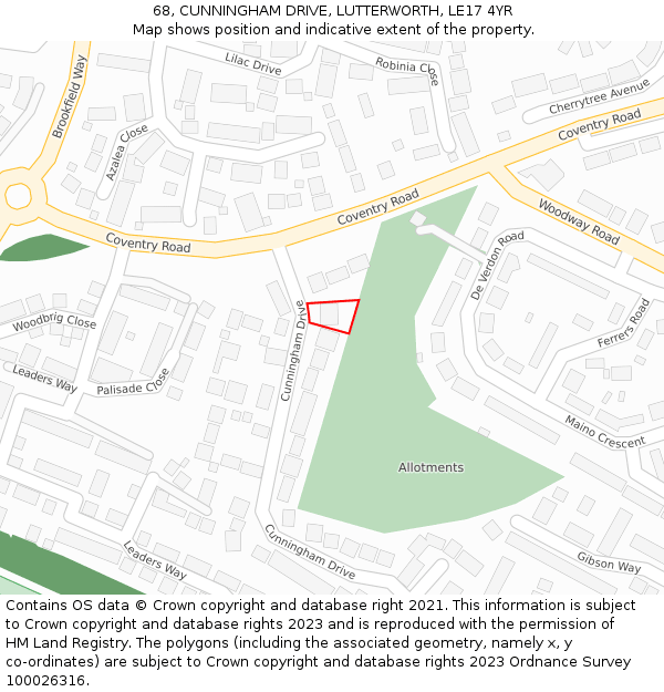 68, CUNNINGHAM DRIVE, LUTTERWORTH, LE17 4YR: Location map and indicative extent of plot