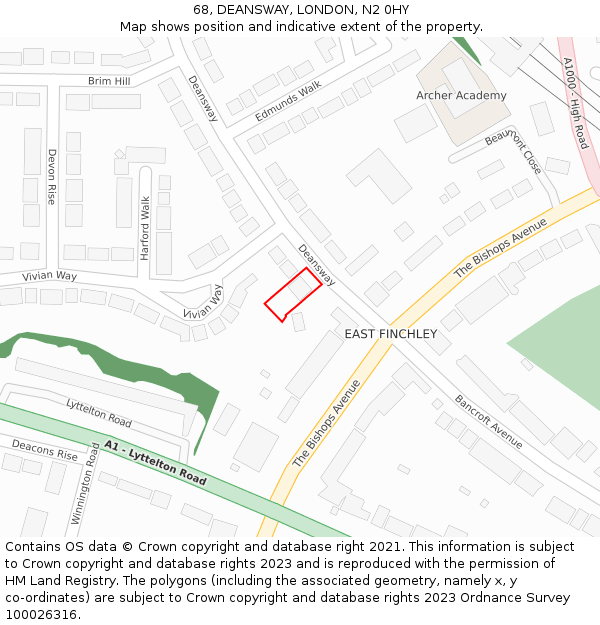 68, DEANSWAY, LONDON, N2 0HY: Location map and indicative extent of plot