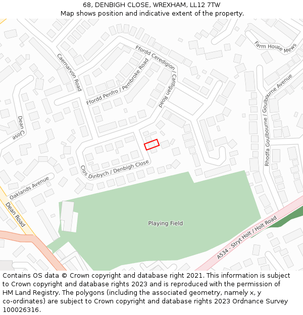 68, DENBIGH CLOSE, WREXHAM, LL12 7TW: Location map and indicative extent of plot