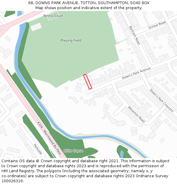 68, DOWNS PARK AVENUE, TOTTON, SOUTHAMPTON, SO40 9GX: Location map and indicative extent of plot