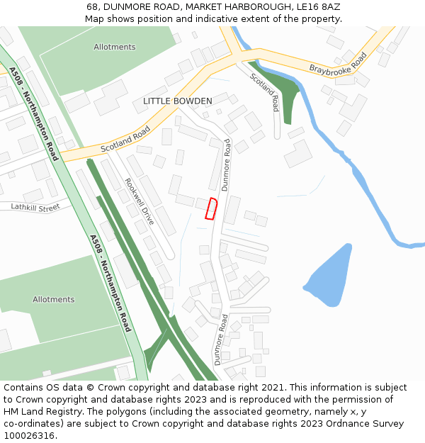 68, DUNMORE ROAD, MARKET HARBOROUGH, LE16 8AZ: Location map and indicative extent of plot