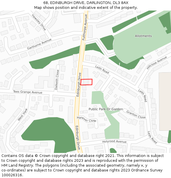 68, EDINBURGH DRIVE, DARLINGTON, DL3 8AX: Location map and indicative extent of plot