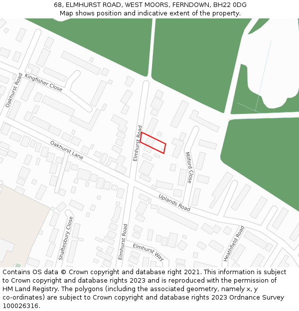 68, ELMHURST ROAD, WEST MOORS, FERNDOWN, BH22 0DG: Location map and indicative extent of plot